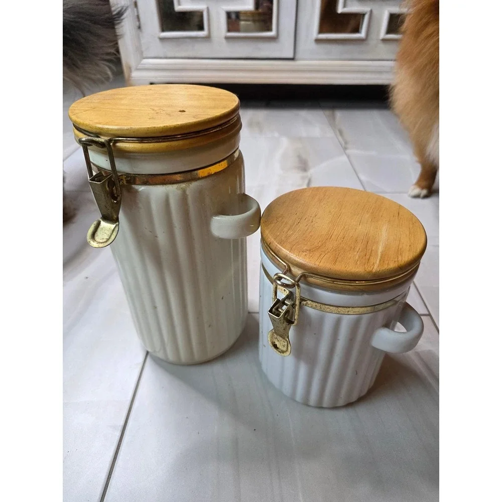 Vintage Ceramic Canister Set‎ Wood Lids Clamp Latch Farmhouse Kitchen Storage B2